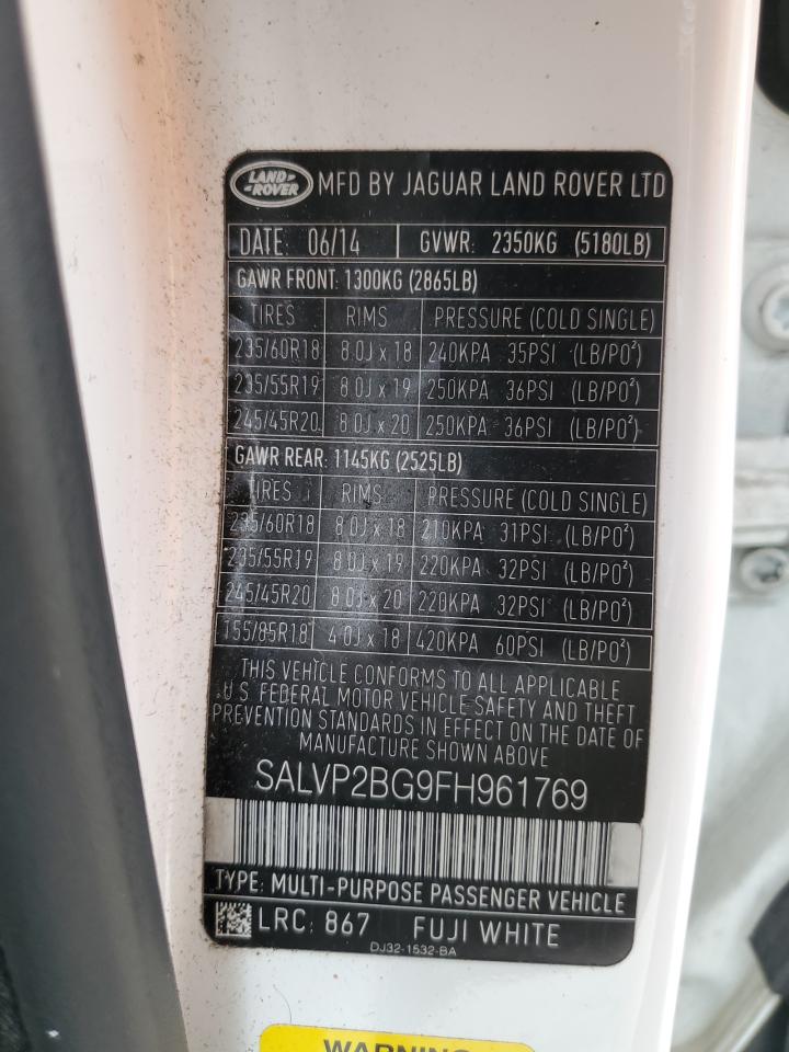 2015 Land Rover Range Rover Evoque Pure Plus VIN: SALVP2BG9FH961769 Lot: 65034424