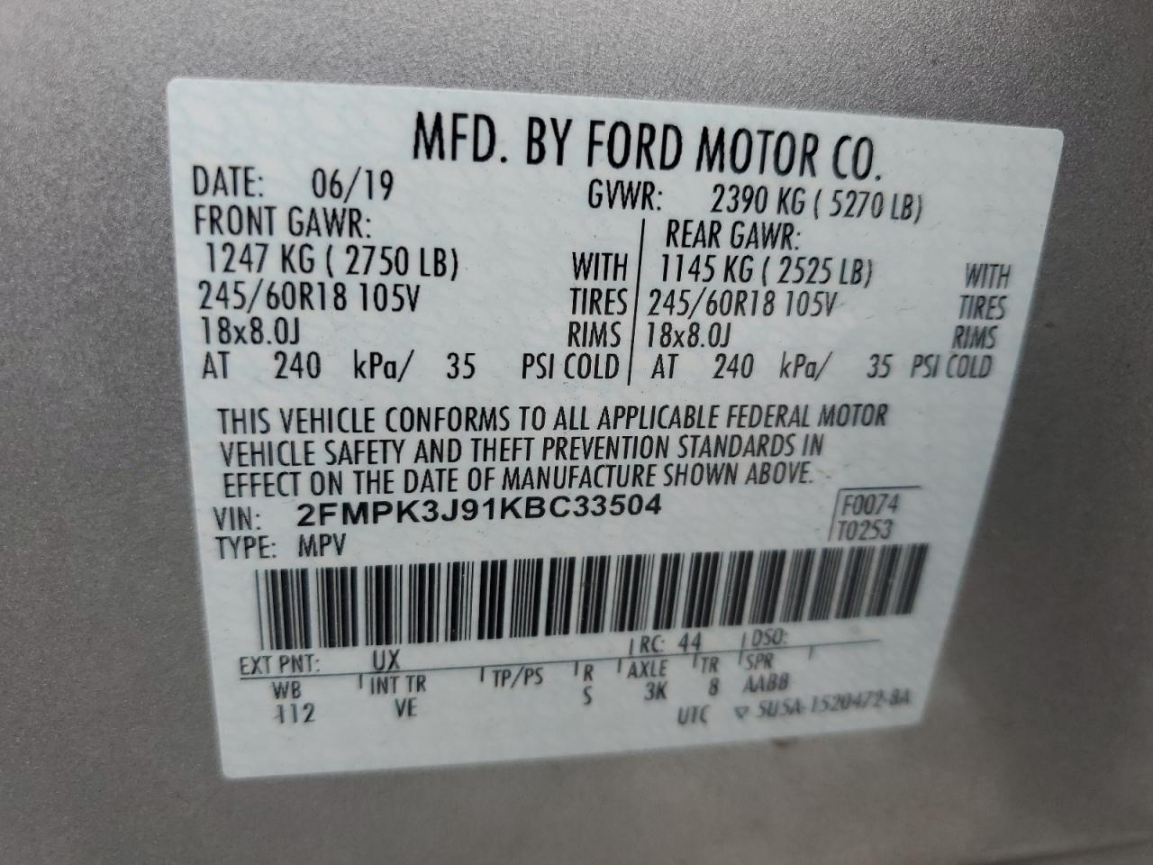 2019 Ford Edge Sel VIN: 2FMPK3J91KBC33504 Lot: 64252994