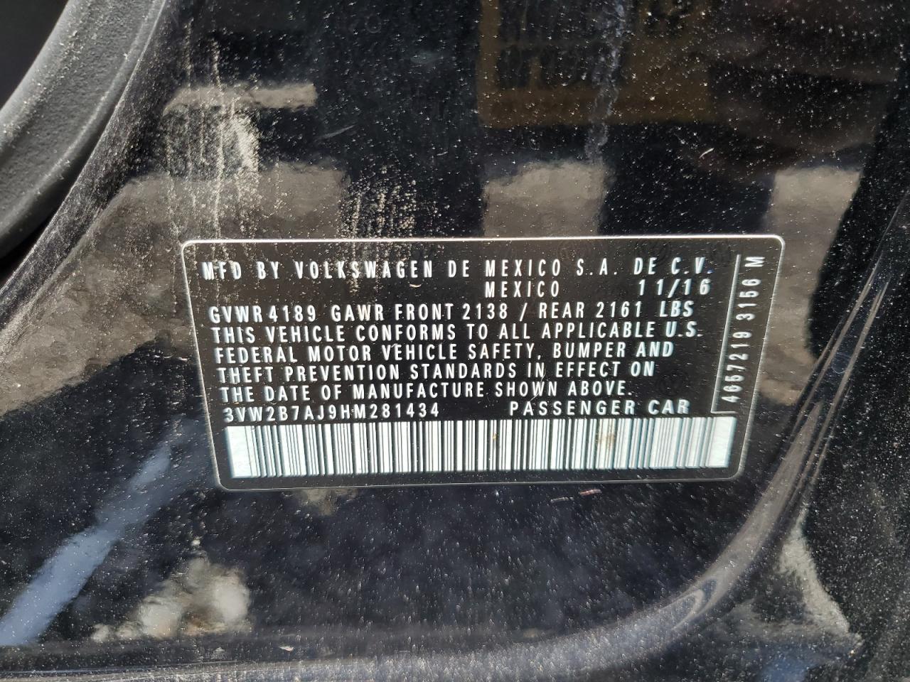 2017 Volkswagen Jetta S VIN: 3VW2B7AJ9HM281434 Lot: 63732754