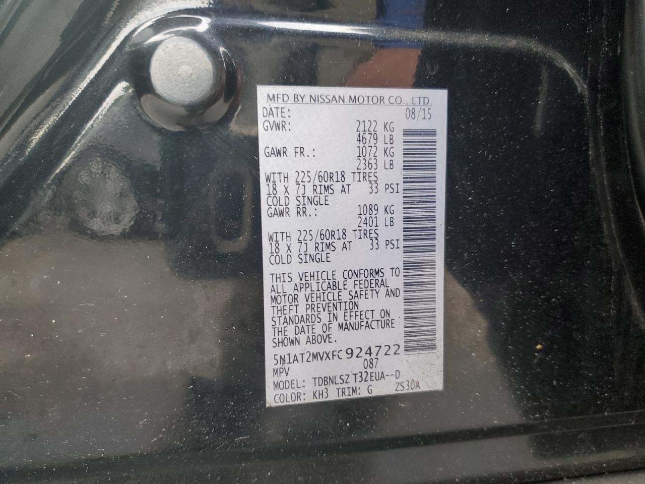 2015 Nissan Rogue S VIN: 5N1AT2MVXFC924722 Lot: 64563654