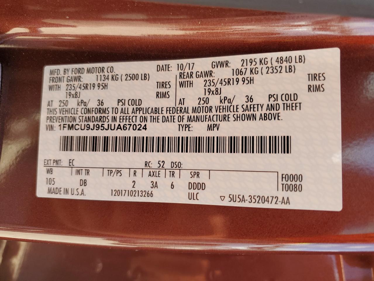 2018 Ford Escape Titanium VIN: 1FMCU9J95JUA67024 Lot: 65172184