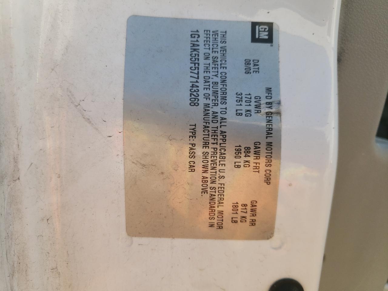 2007 Chevrolet Cobalt Ls VIN: 1G1AK55F577143268 Lot: 62454624