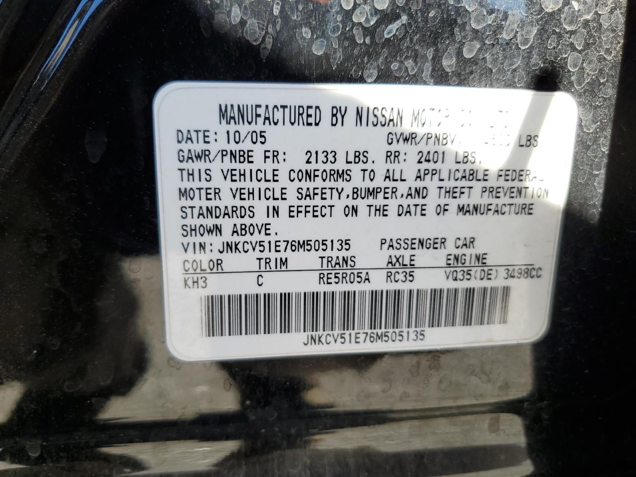 2006 Infiniti G35 VIN: JNKCV51E76M505135 Lot: 64899874