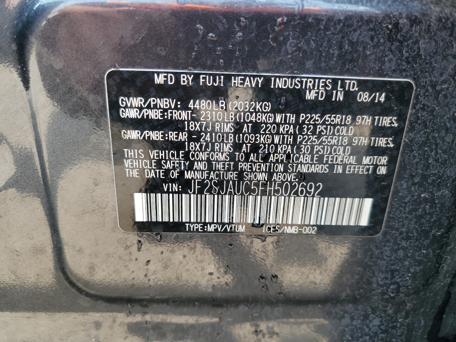 JF2SJAUC5FH502692 2015 Subaru Forester 2.5I Touring