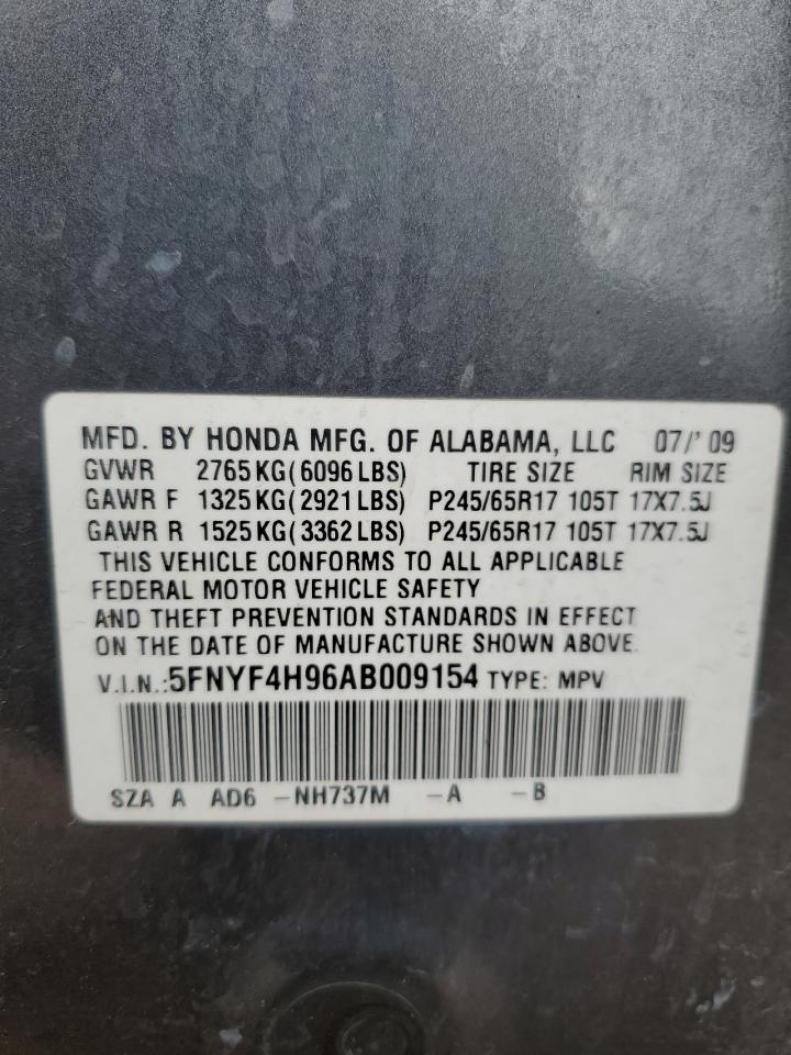 2010 Honda Pilot Touring VIN: 5FNYF4H96AB009154 Lot: 63180554