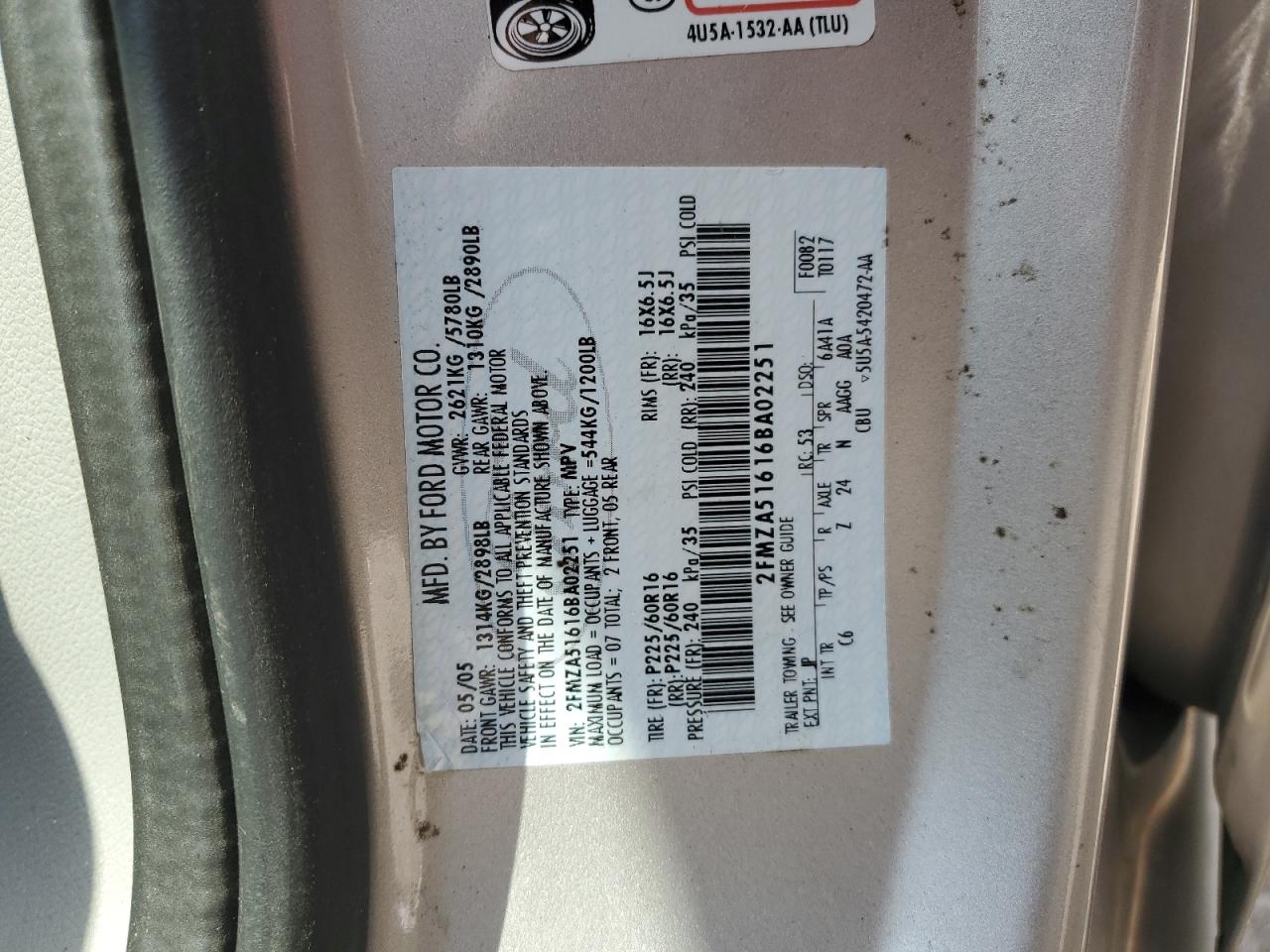 2006 Ford Freestar Se VIN: 2FMZA51616BA02251 Lot: 65115134