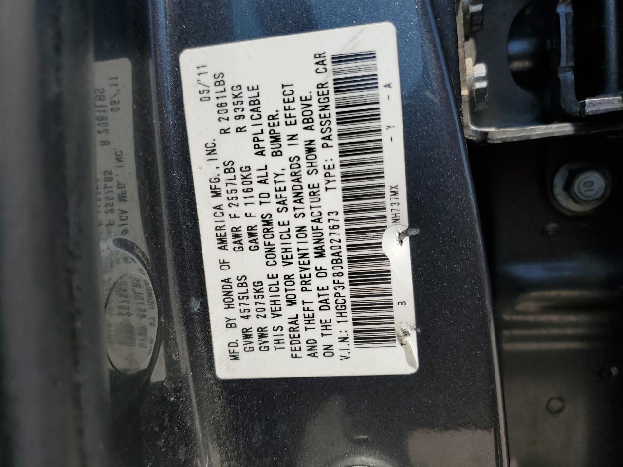 1HGCP3F80BA027673 2011 Honda Accord Exl