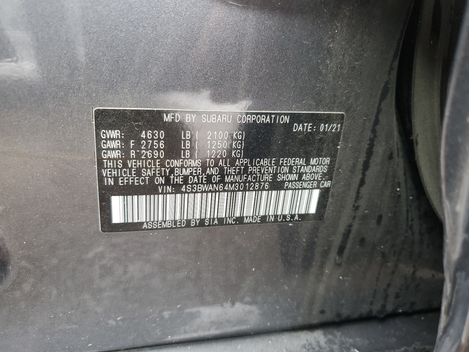 4S3BWAN64M3012876 2021 Subaru Legacy Limited