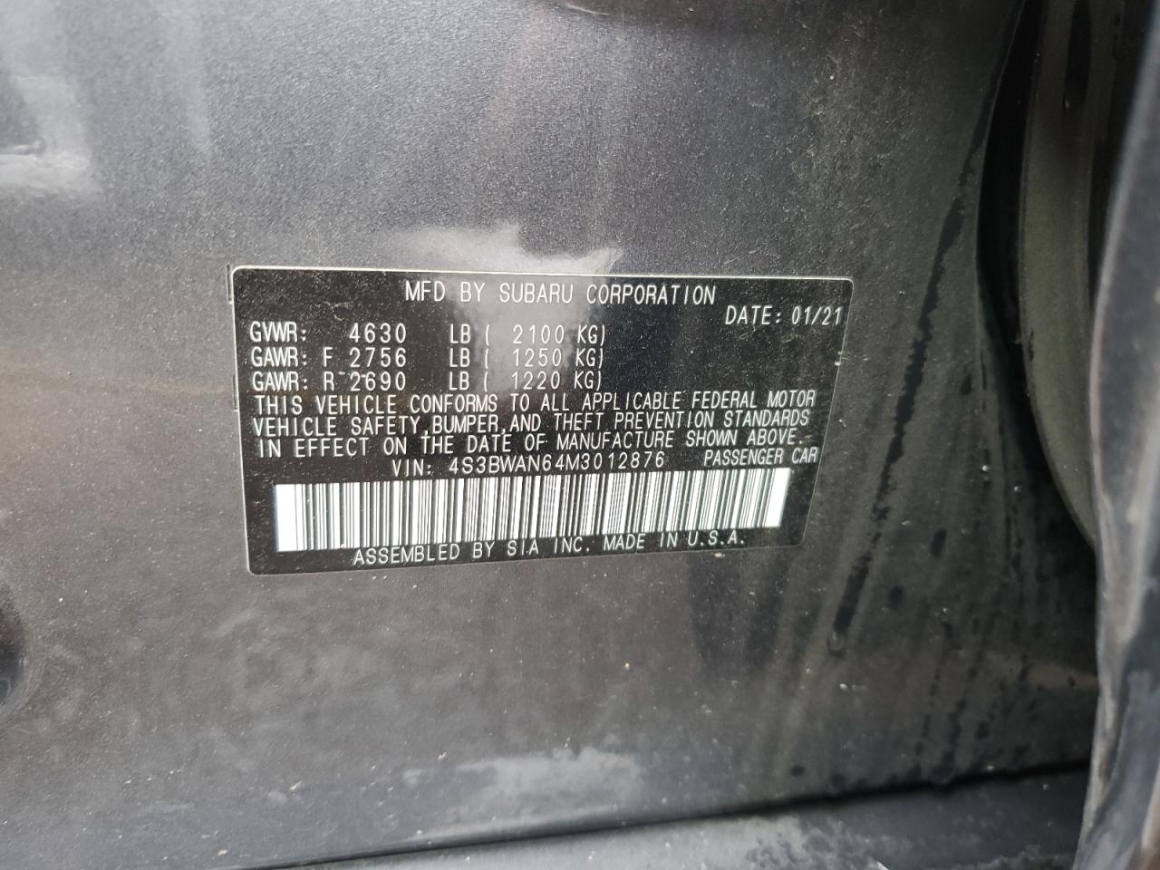 2021 Subaru Legacy Limited VIN: 4S3BWAN64M3012876 Lot: 63246134