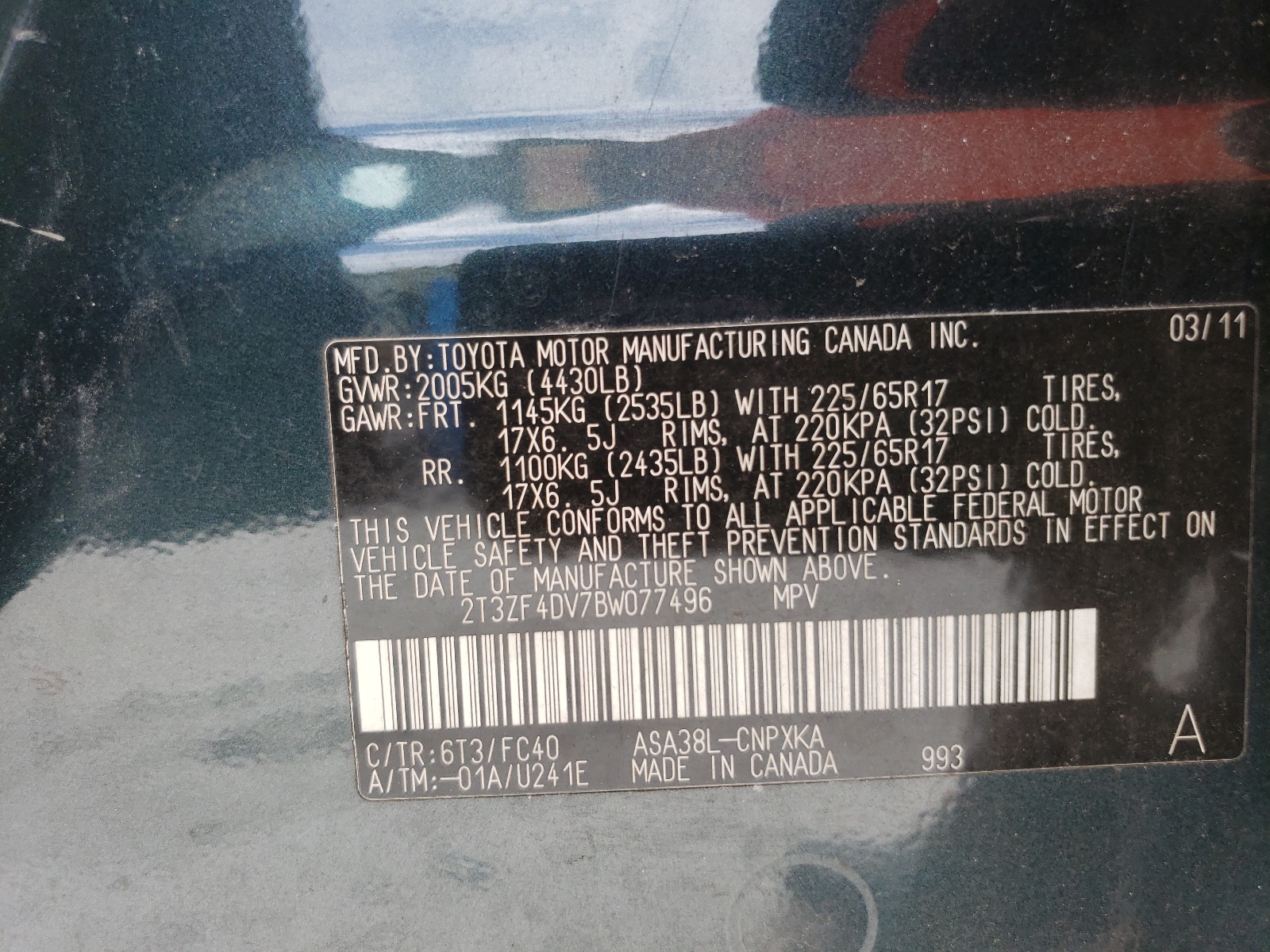 2T3ZF4DV7BW077496 2011 Toyota Rav4