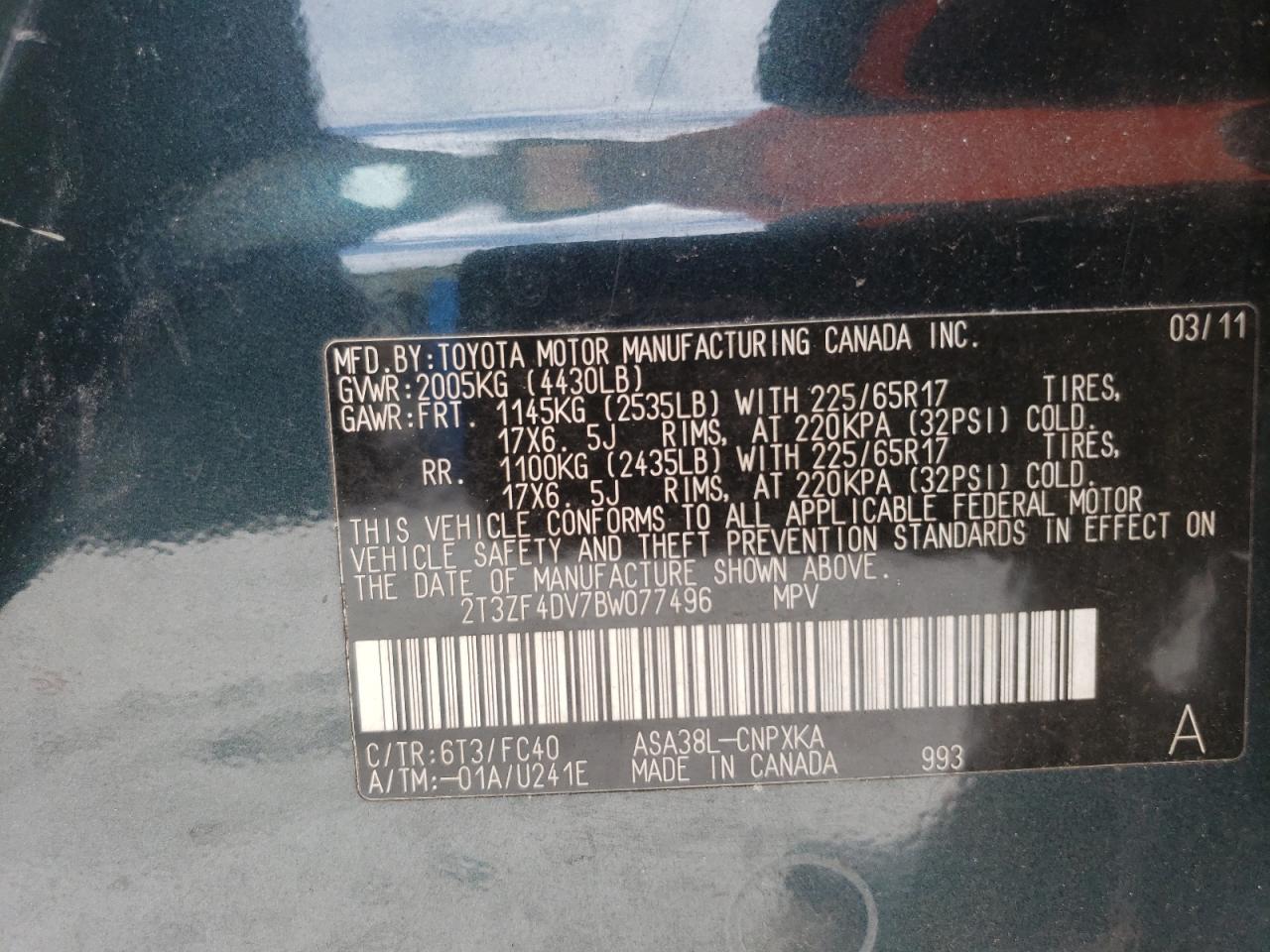 2011 Toyota Rav4 VIN: 2T3ZF4DV7BW077496 Lot: 63621874