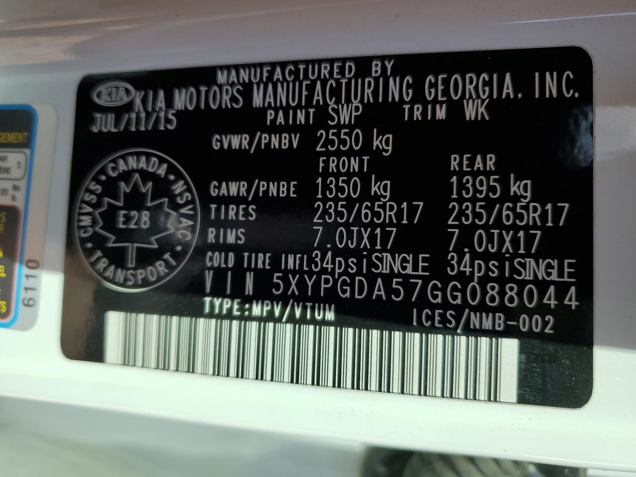 2016 Kia Sorento Lx VIN: 5XYPGDA57GG088044 Lot: 63075664