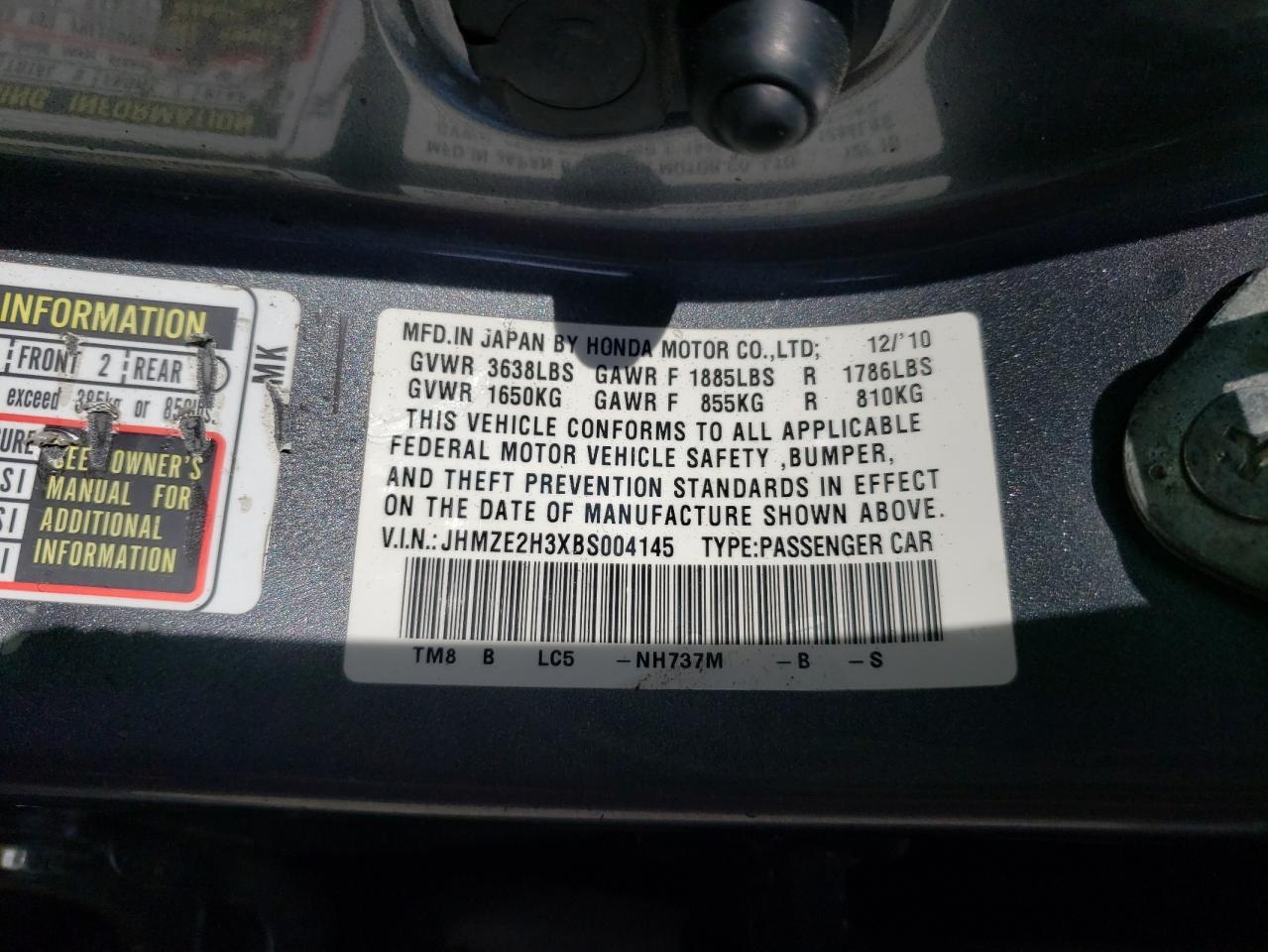 2011 Honda Insight VIN: JHMZE2H3XBS004145 Lot: 61986504