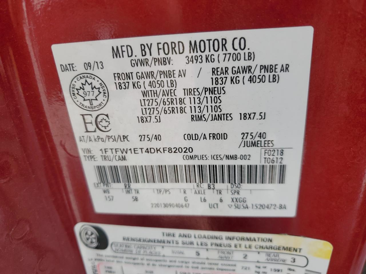 2013 Ford F150 Supercrew VIN: 1FTFW1ET4DKF82020 Lot: 61293484