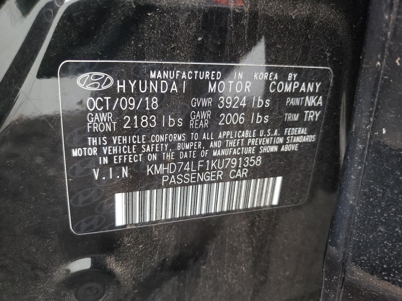 2019 Hyundai Elantra Se VIN: KMHD74LF1KU791358 Lot: 65115654