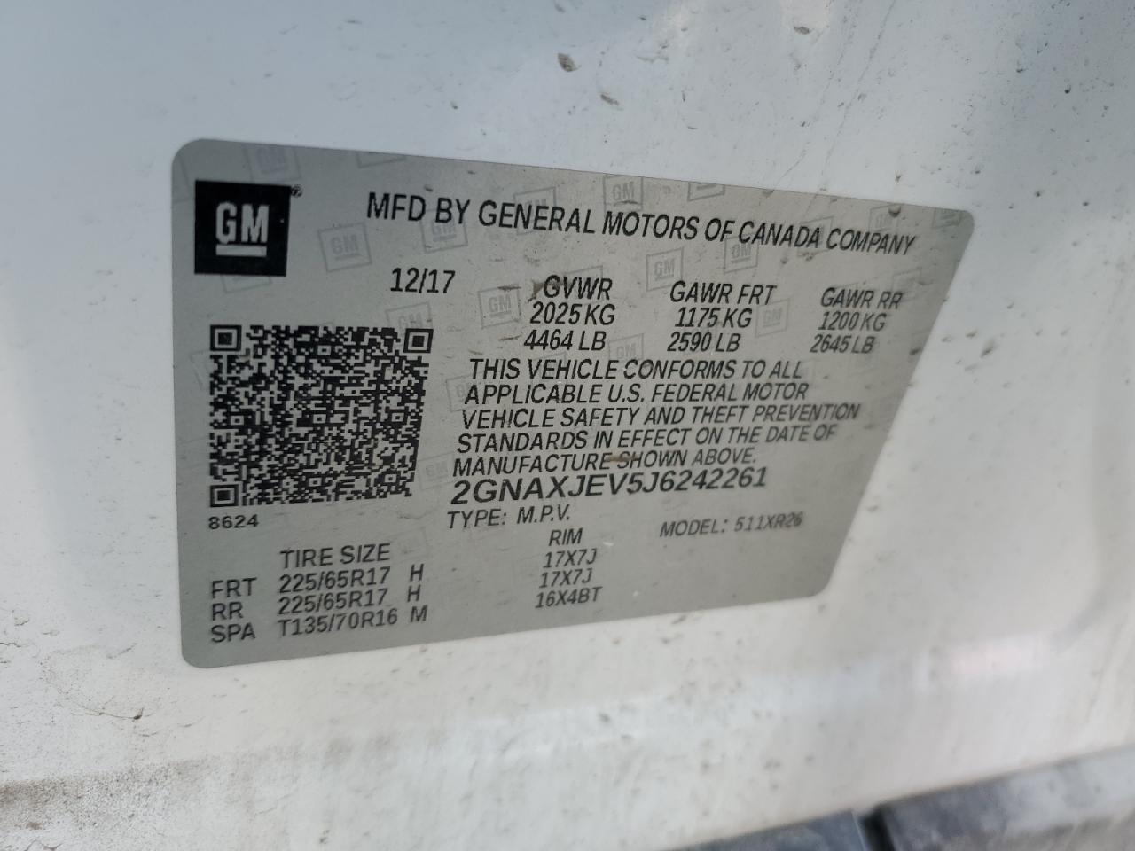 2GNAXJEV5J6242261 2018 Chevrolet Equinox Lt