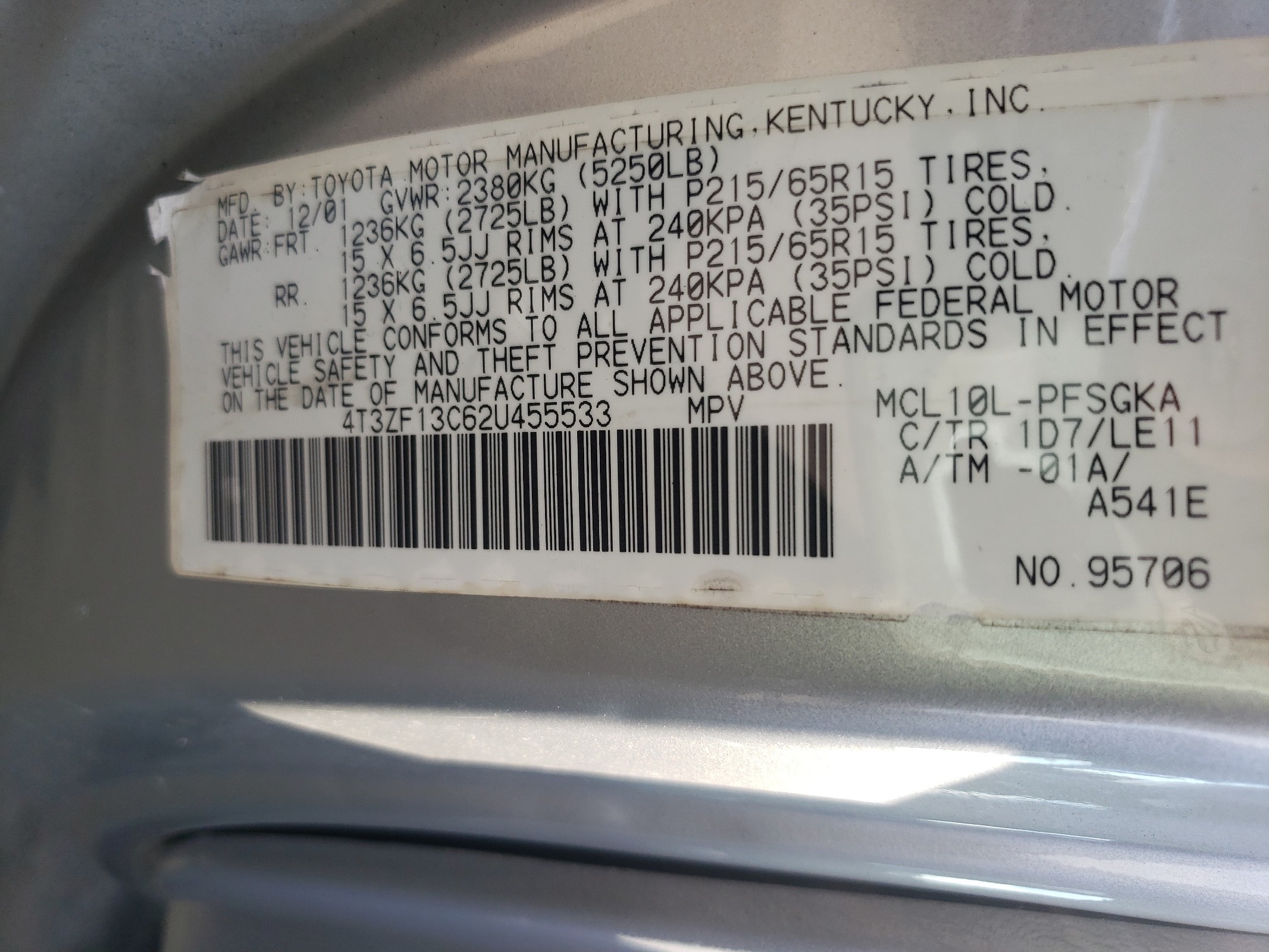 4T3ZF13C62U455533 2002 Toyota Sienna Le