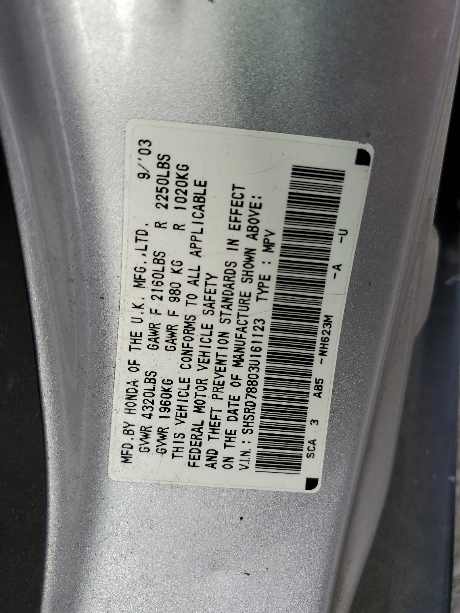 SHSRD78803U161123 2003 Honda Cr-V Ex