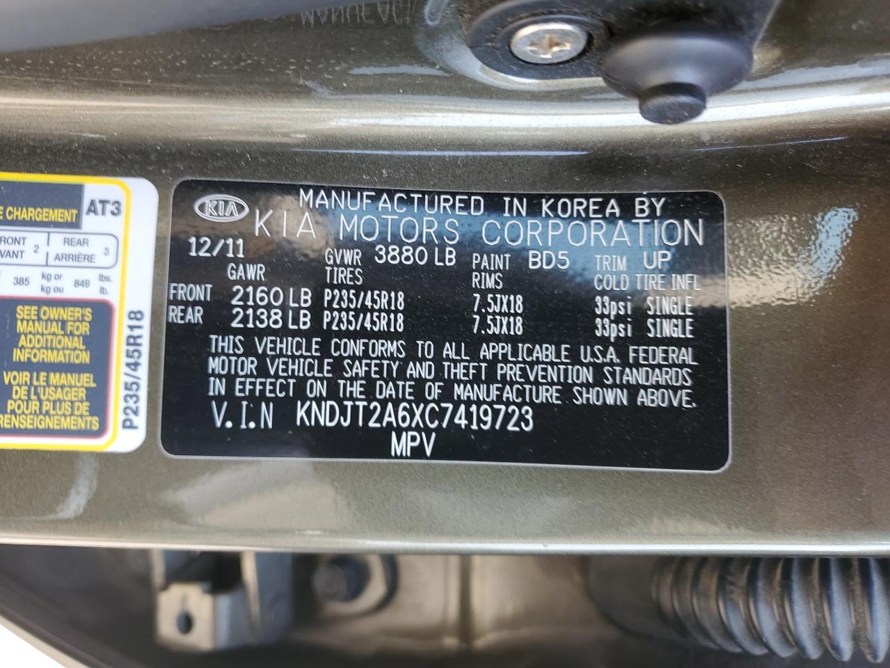 2012 Kia Soul + VIN: KNDJT2A6XC7419723 Lot: 62841064