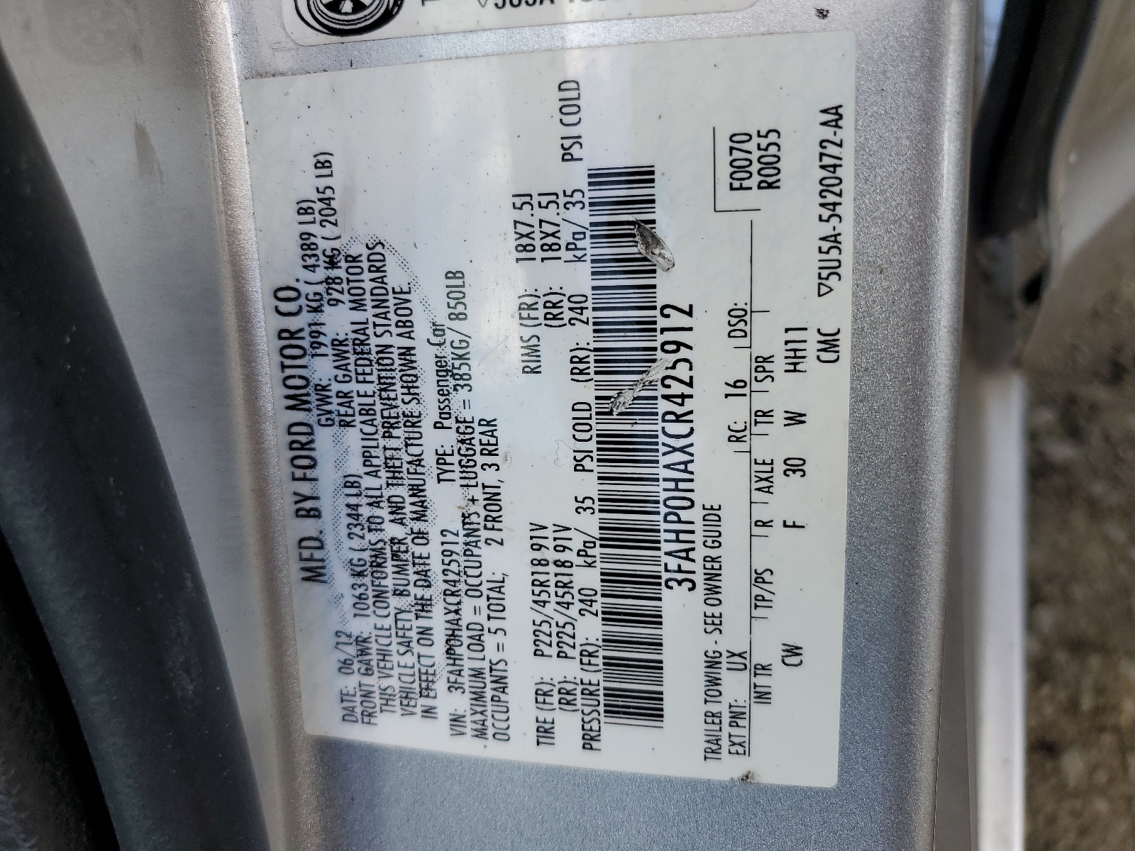 3FAHP0HAXCR425912 2012 Ford Fusion Se