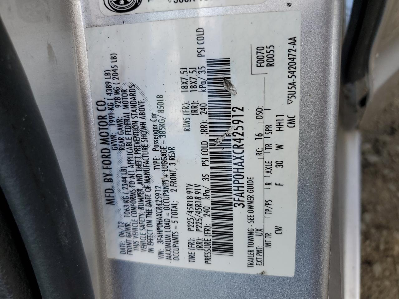 2012 Ford Fusion Se VIN: 3FAHP0HAXCR425912 Lot: 61210294