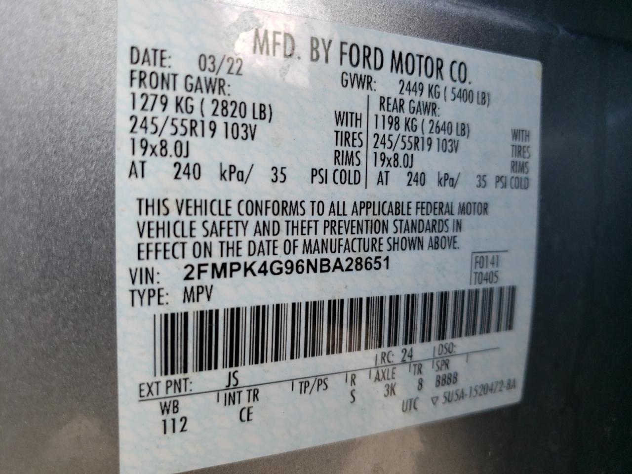 2022 Ford Edge Se VIN: 2FMPK4G96NBA28651 Lot: 64449324