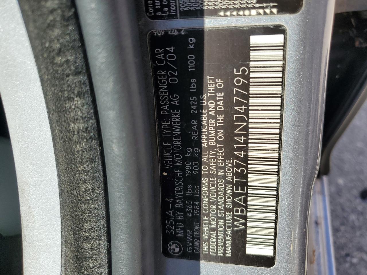 2004 BMW 325 I VIN: WBAET37414NJ47795 Lot: 65657174