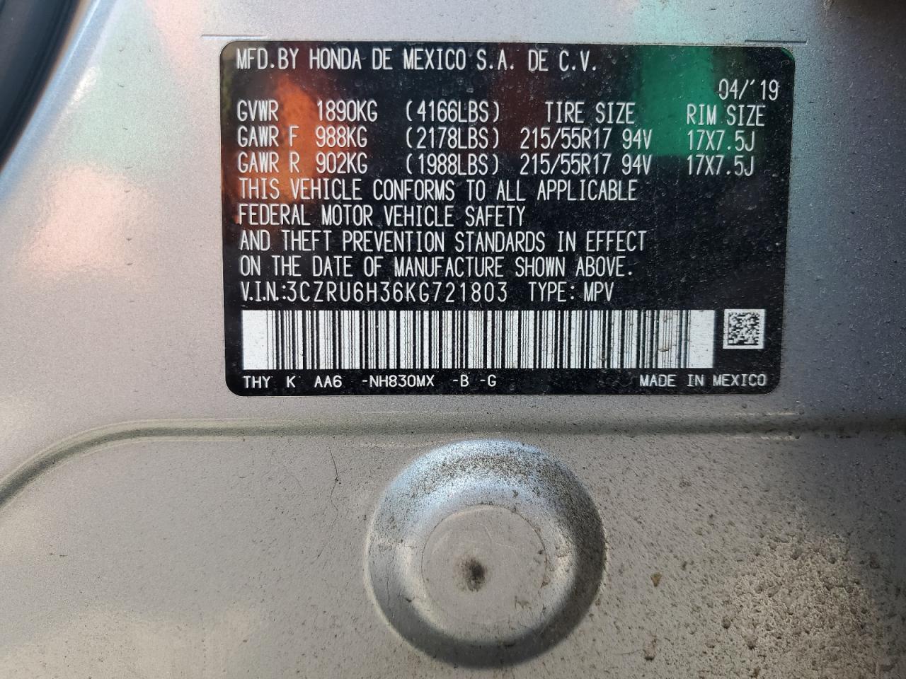 2019 Honda Hr-V Lx VIN: 3CZRU6H36KG721803 Lot: 63497244