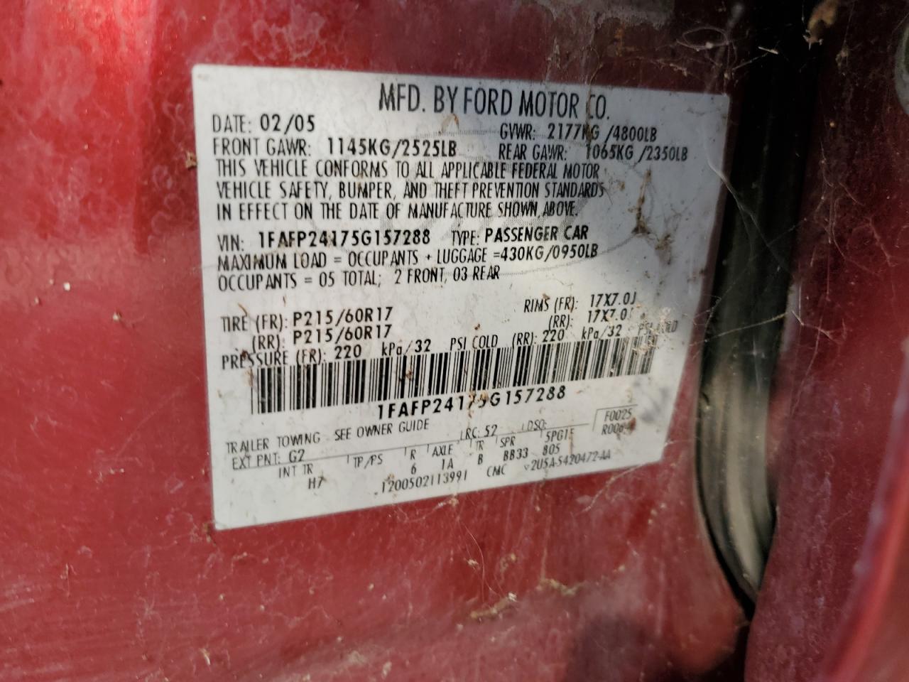 2005 Ford Five Hundred Sel VIN: 1FAFP24175G157288 Lot: 63279854