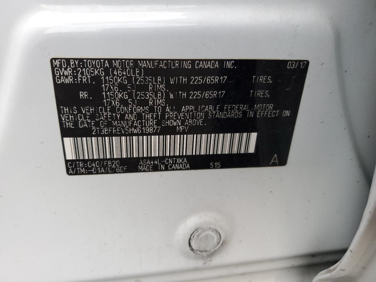 2017 Toyota Rav4 Le VIN: 2T3BFREV5HW619877 Lot: 63306364