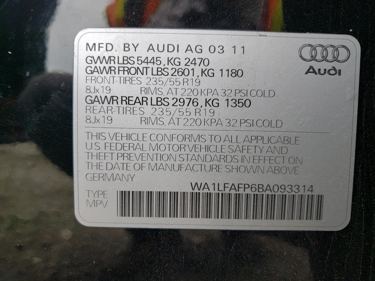 2011 Audi Q5 Premium Plus VIN: WA1LFAFP6BA093314 Lot: 64588864