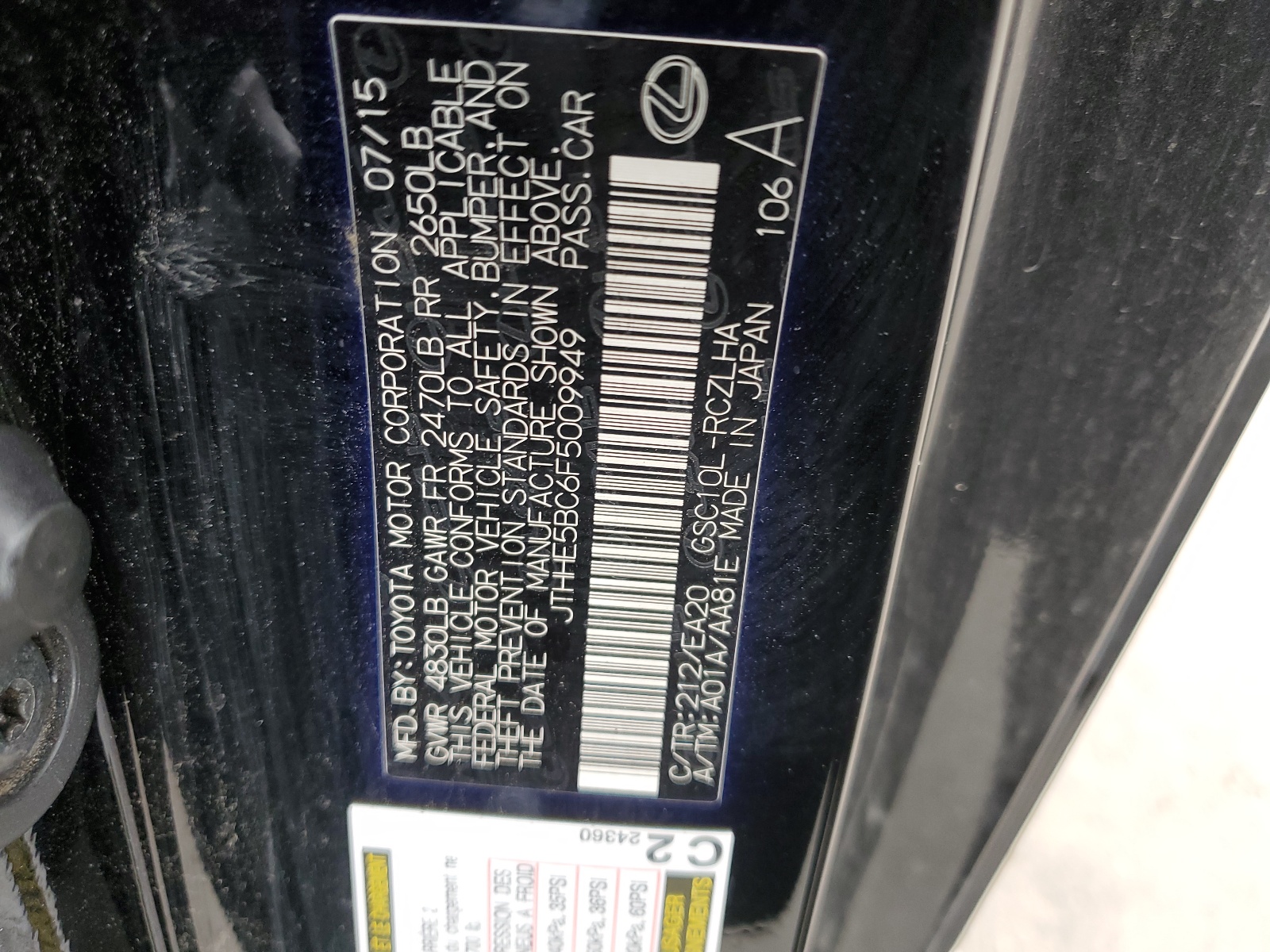 JTHHE5BC6F5009949 2015 Lexus Rc 350