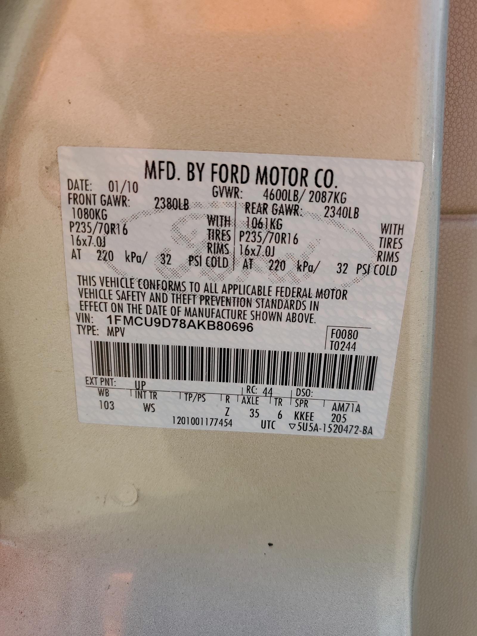 1FMCU9D78AKB80696 2010 Ford Escape Xlt