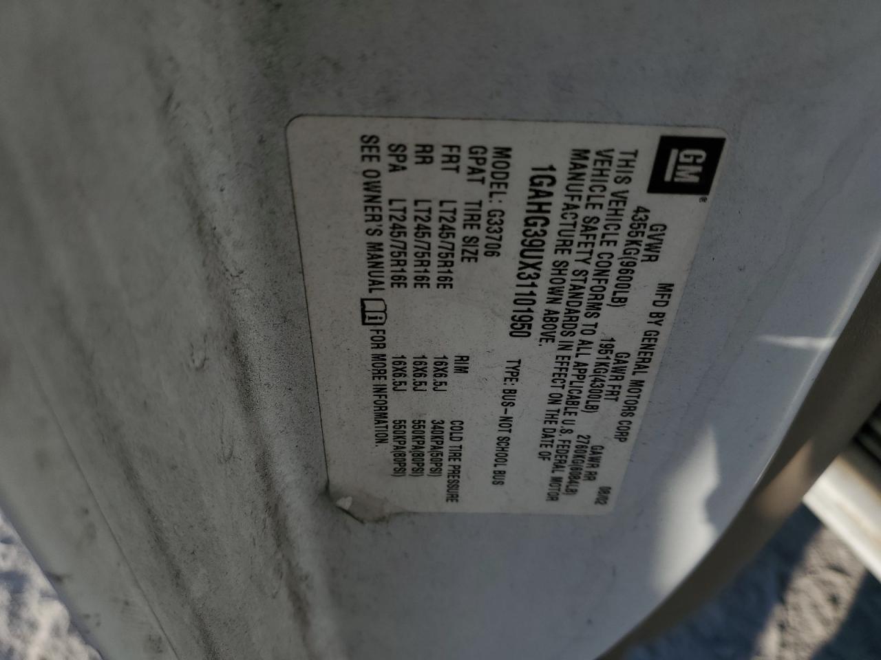 2003 Chevrolet Express G3500 VIN: 1GAHG39UX31101950 Lot: 63404714