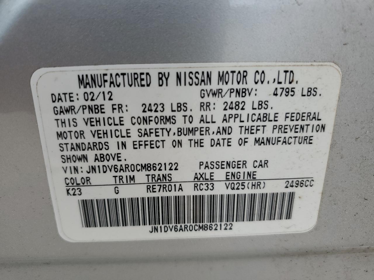 2012 Infiniti G25 VIN: JN1DV6AR0CM862122 Lot: 62471794