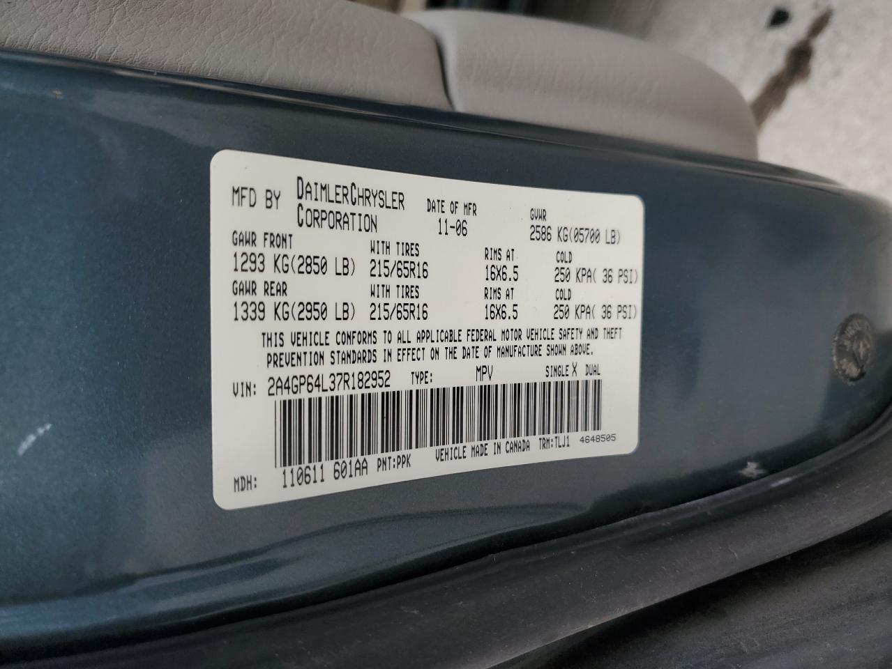 2007 Chrysler Town & Country Limited VIN: 2A4GP64L37R182952 Lot: 63103614