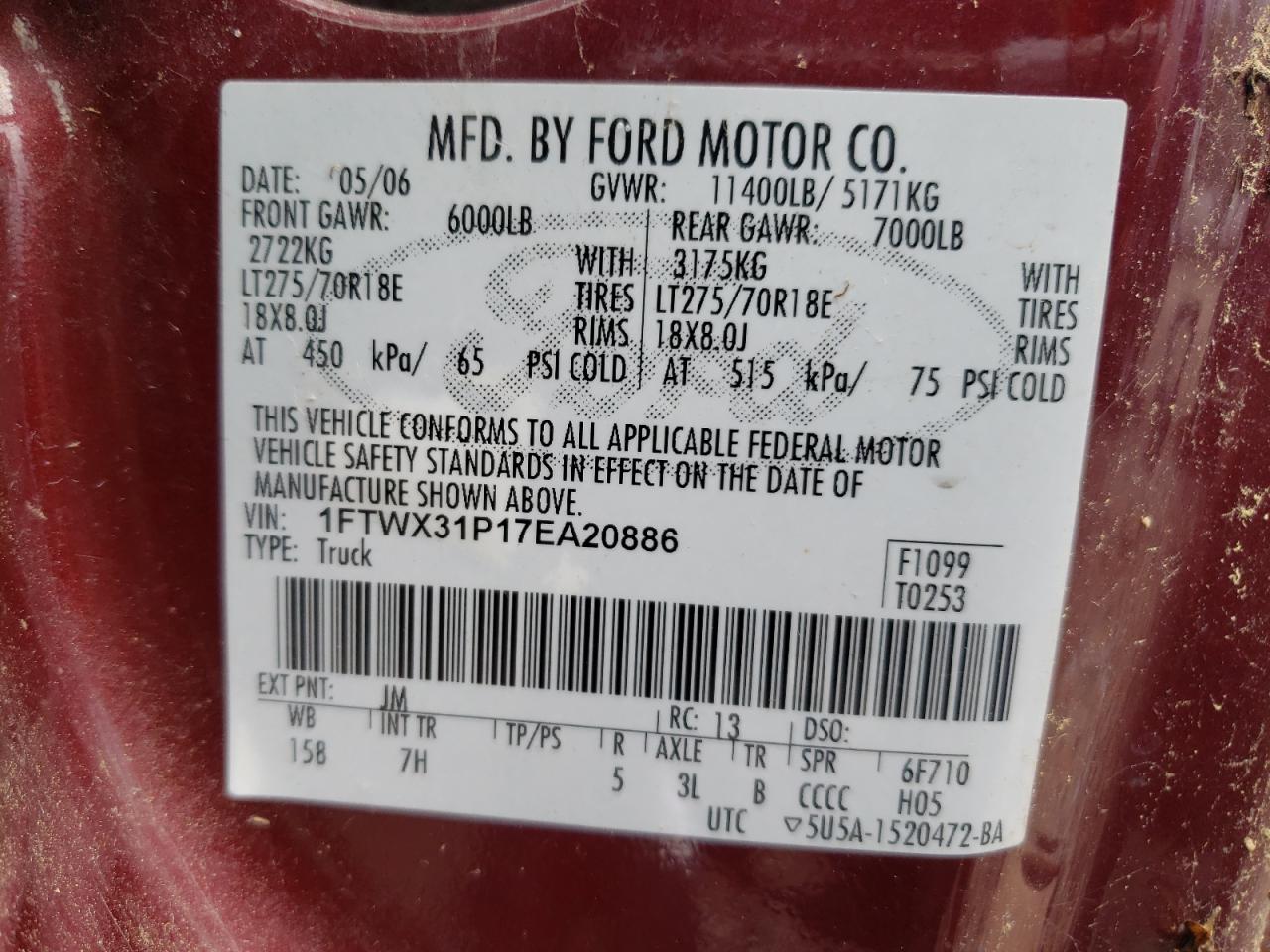 2007 Ford F350 Srw Super Duty VIN: 1FTWX31P17EA20886 Lot: 61833254