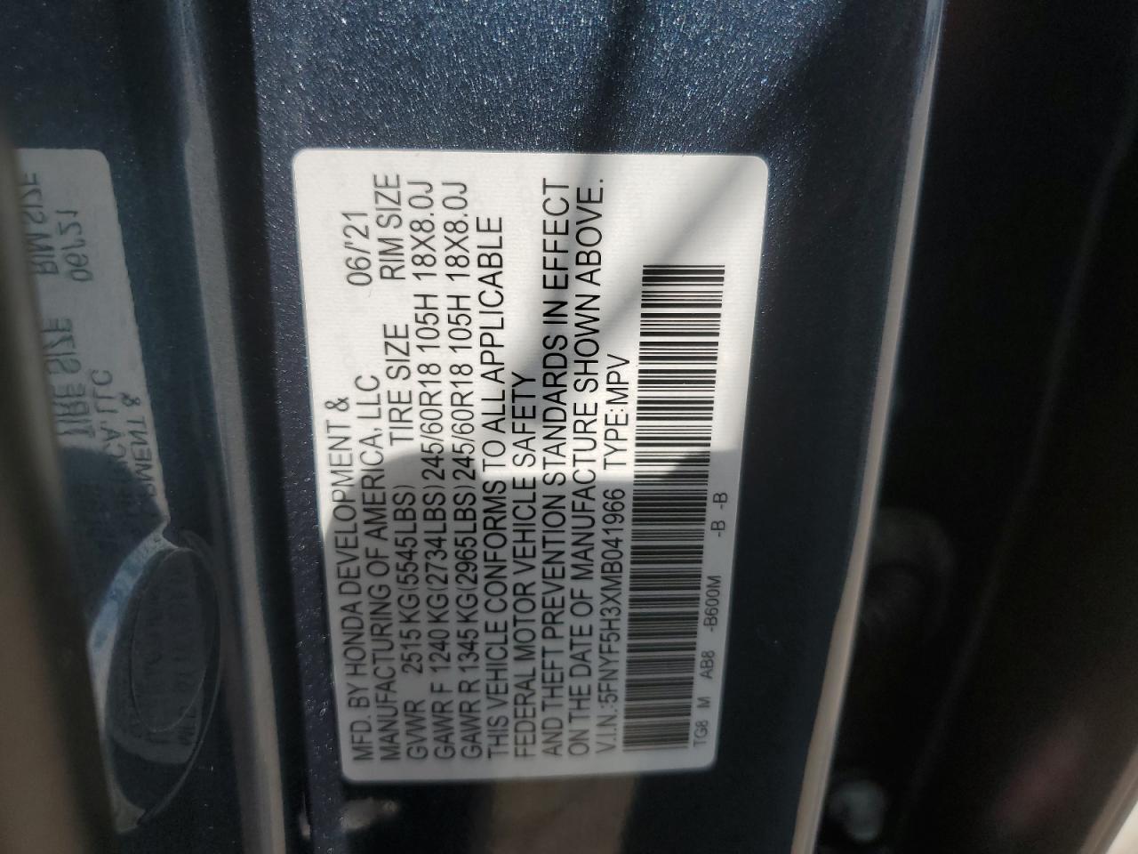 2021 Honda Pilot Ex VIN: 5FNYF5H3XMB041966 Lot: 64454094