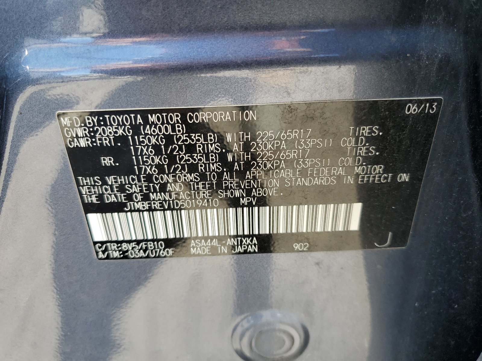 JTMBFREV1D5019410 2013 Toyota Rav4 Le