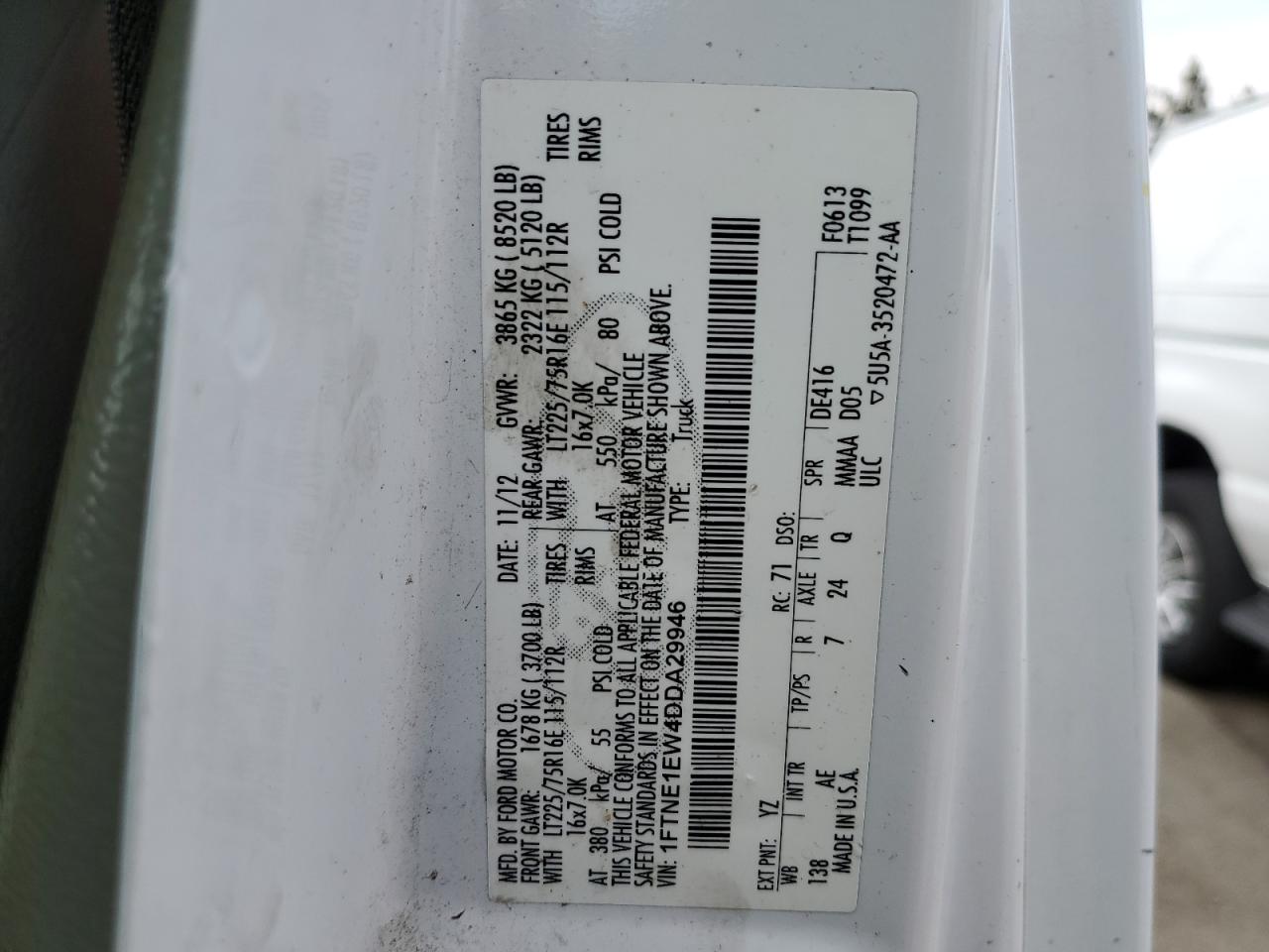 2013 Ford Econoline E150 Van VIN: 1FTNE1EW4DDA29946 Lot: 60299684