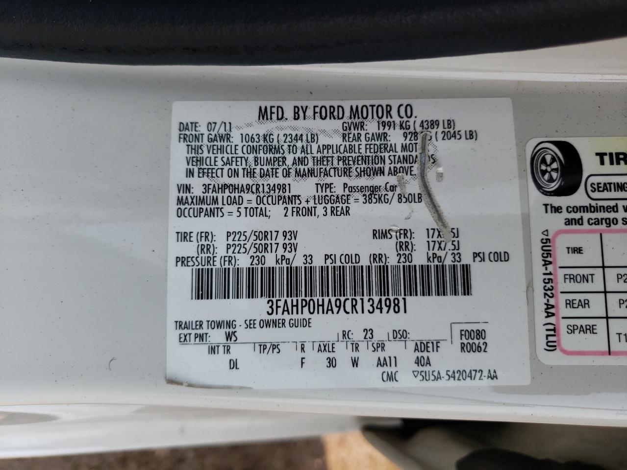 2012 Ford Fusion Se VIN: 3FAHP0HA9CR134981 Lot: 64108744