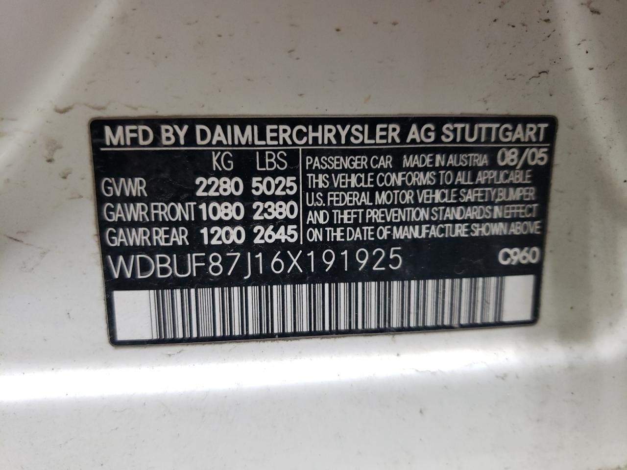 2006 Mercedes-Benz E 350 4Matic VIN: WDBUF87J16X191925 Lot: 64663654