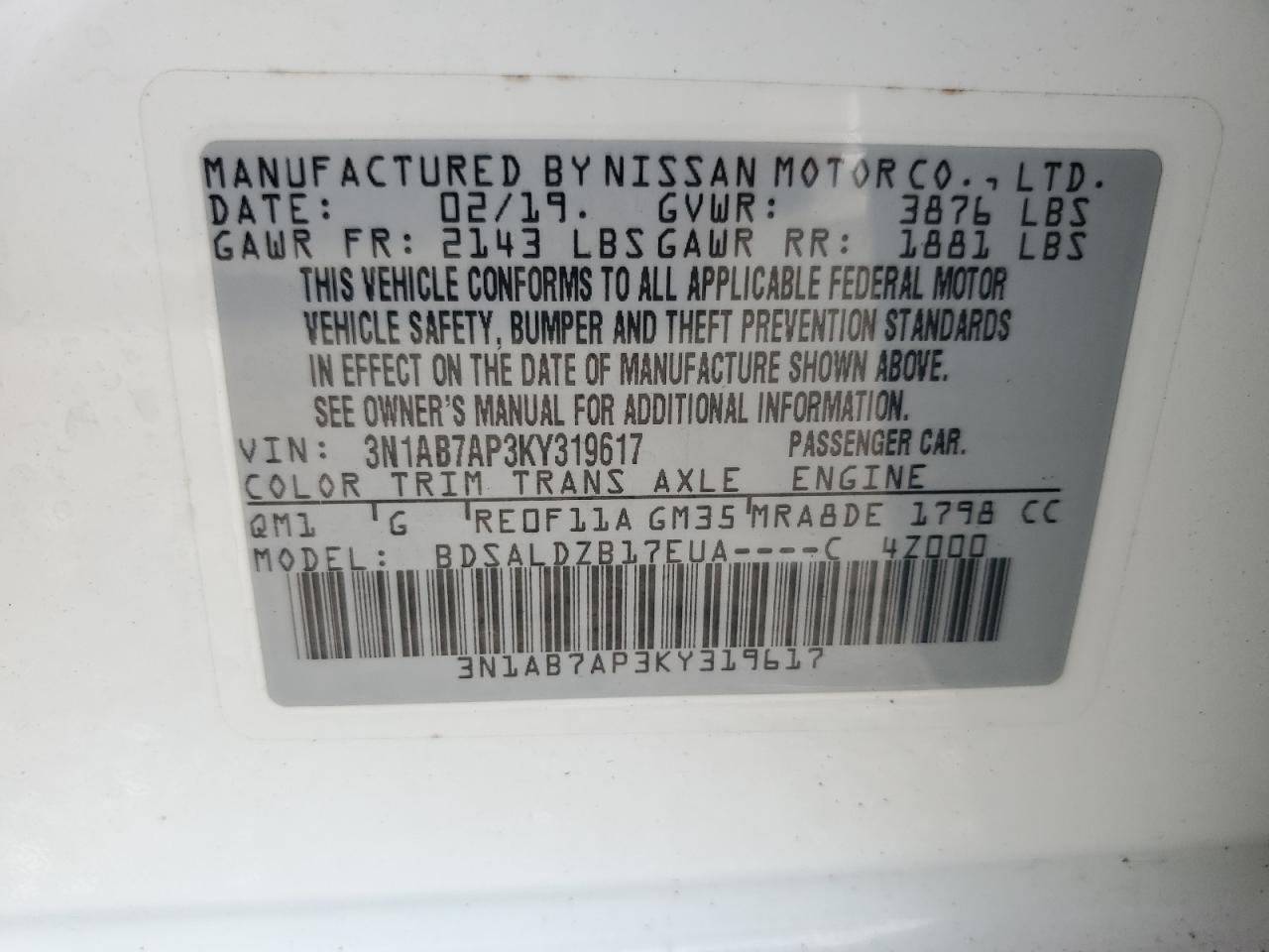 3N1AB7AP3KY319617 2019 Nissan Sentra S