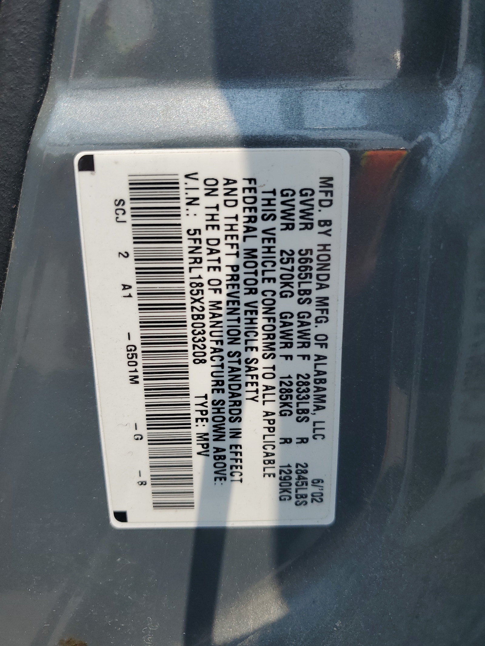 5FNRL185X2B033208 2002 Honda Odyssey Lx