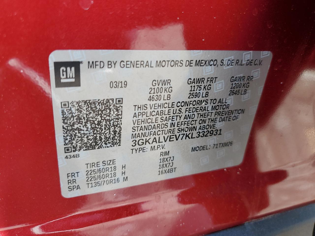 2019 GMC Terrain Slt VIN: 3GKALVEV7KL332931 Lot: 61985394