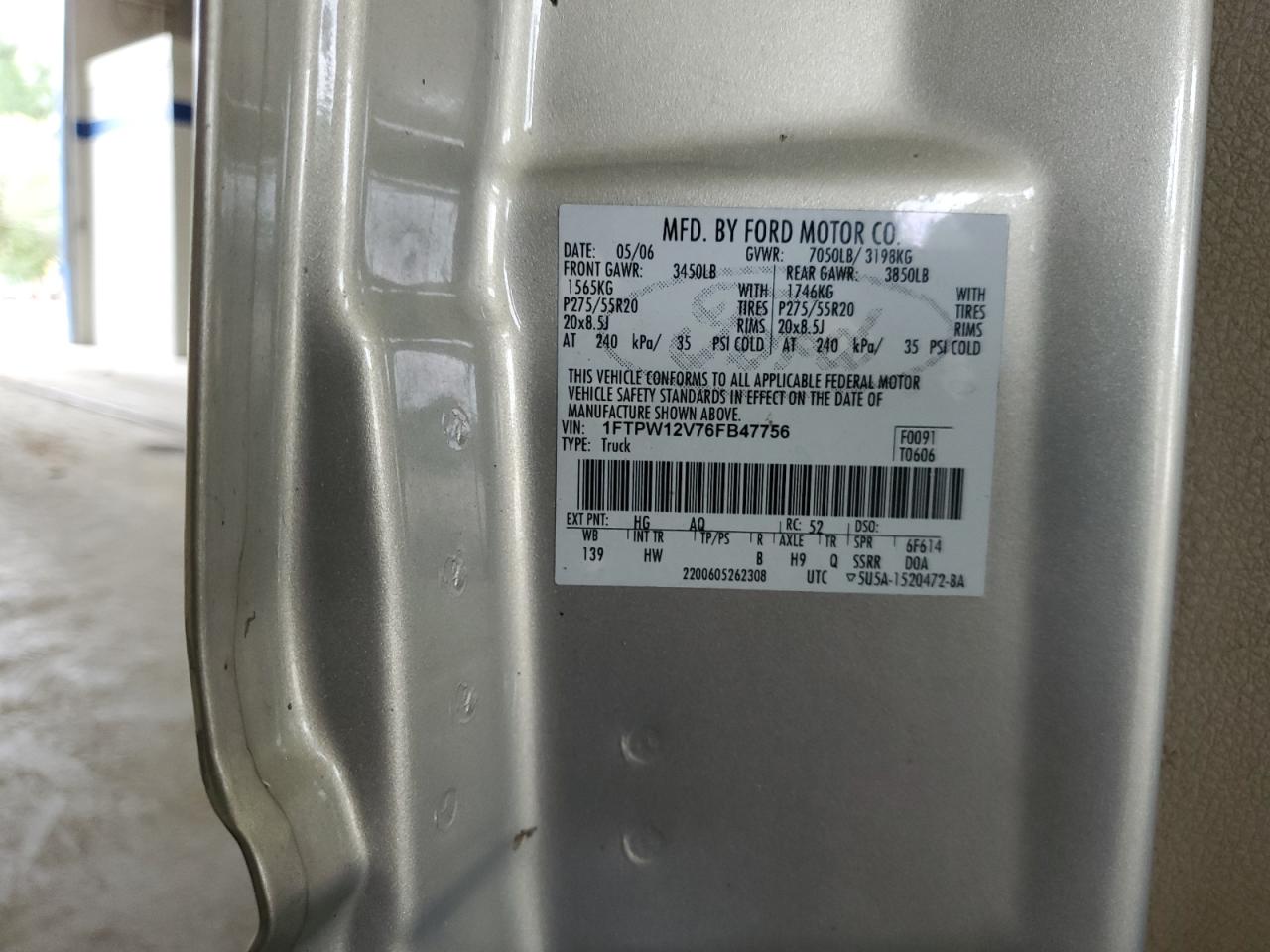 2006 Ford F150 Supercrew VIN: 1FTPW12V76FB47756 Lot: 63344944
