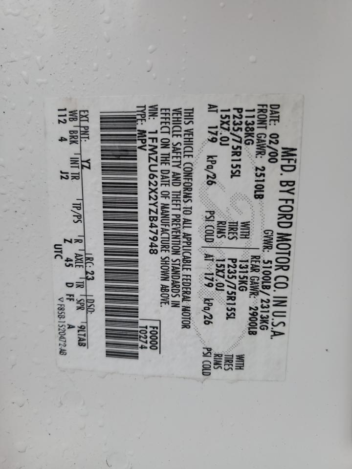 2000 Ford Explorer Xls VIN: 1FMZU62X2YZB47948 Lot: 64468574