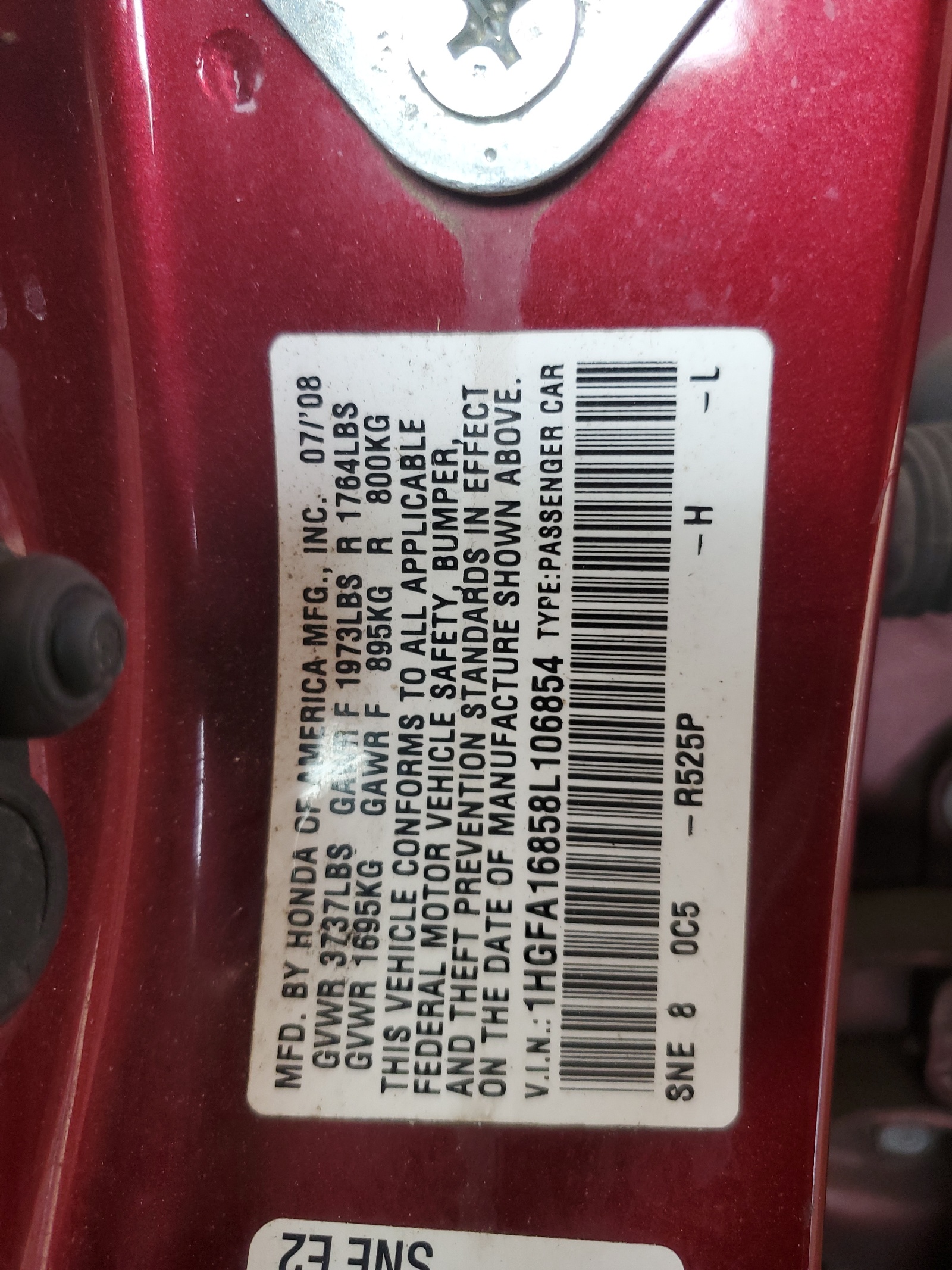 1HGFA16858L106854 2008 Honda Civic Ex