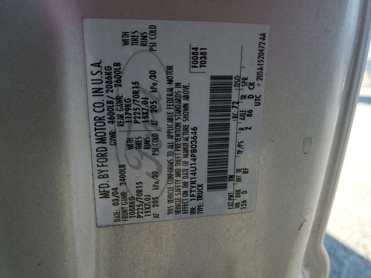 2004 Ford Ranger Super Cab VIN: 1FTYR14U14PB03646 Lot: 64248934