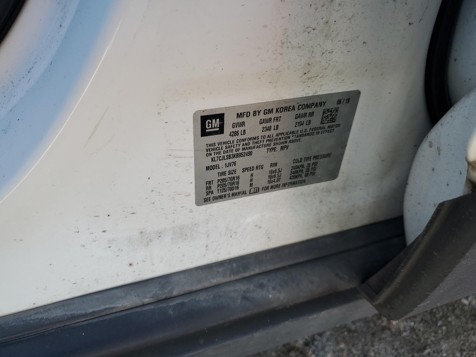 KL7CJLSB3KB952490 2019 Chevrolet Trax 1Lt